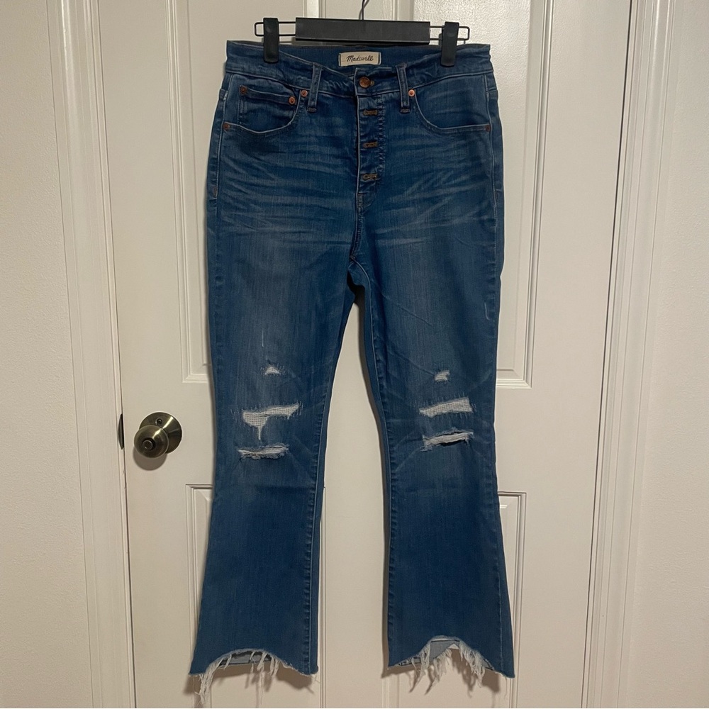 Madewell Cali Demi Boot Cut Jeans Women's 28 Blue Denim Distressed Button Fly